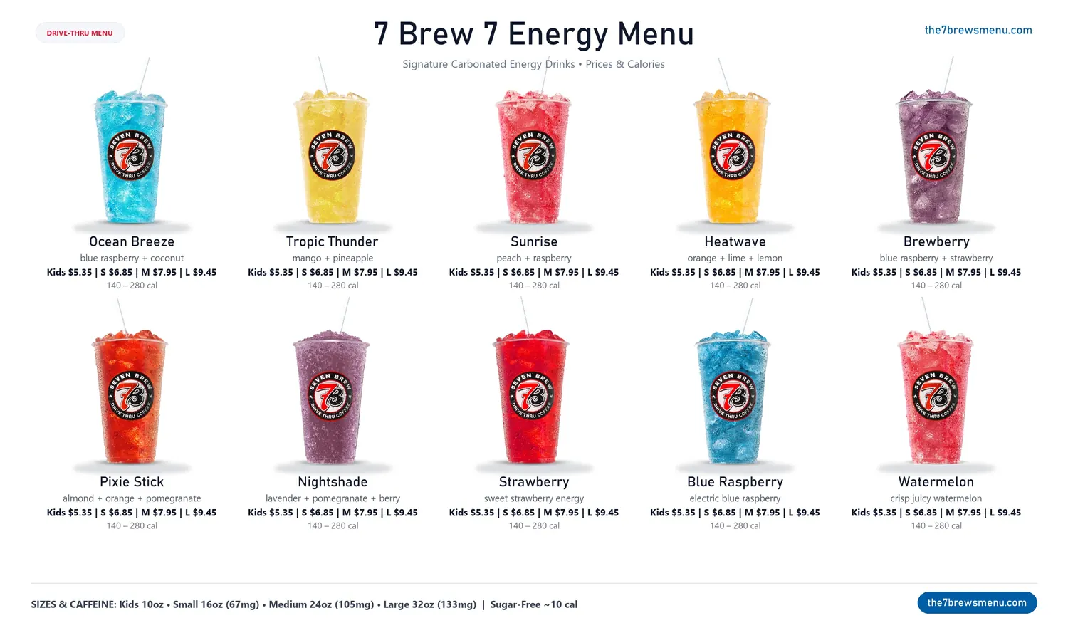 7 Brew Energy Drinks menu with prices, calories, caffeine, and all 10 flavors