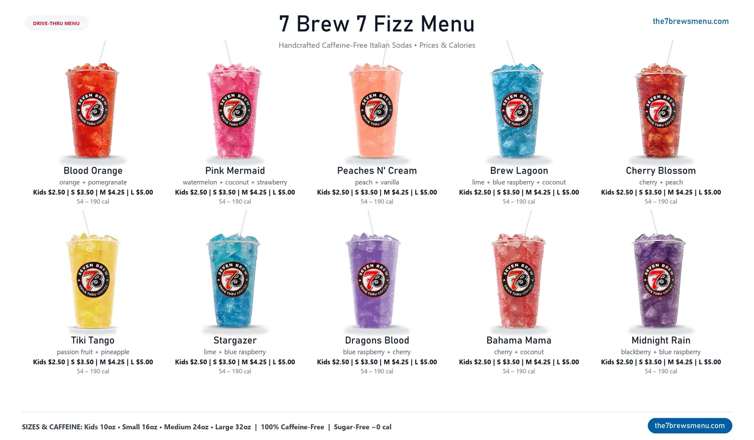 7 Brew Fizz Italian soda menu with prices, calories, and sparkling fruit flavors