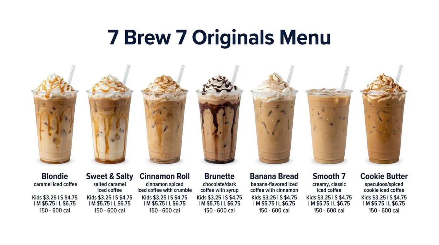 7 Brew Originals menu with prices, calories, and signature craft drinks