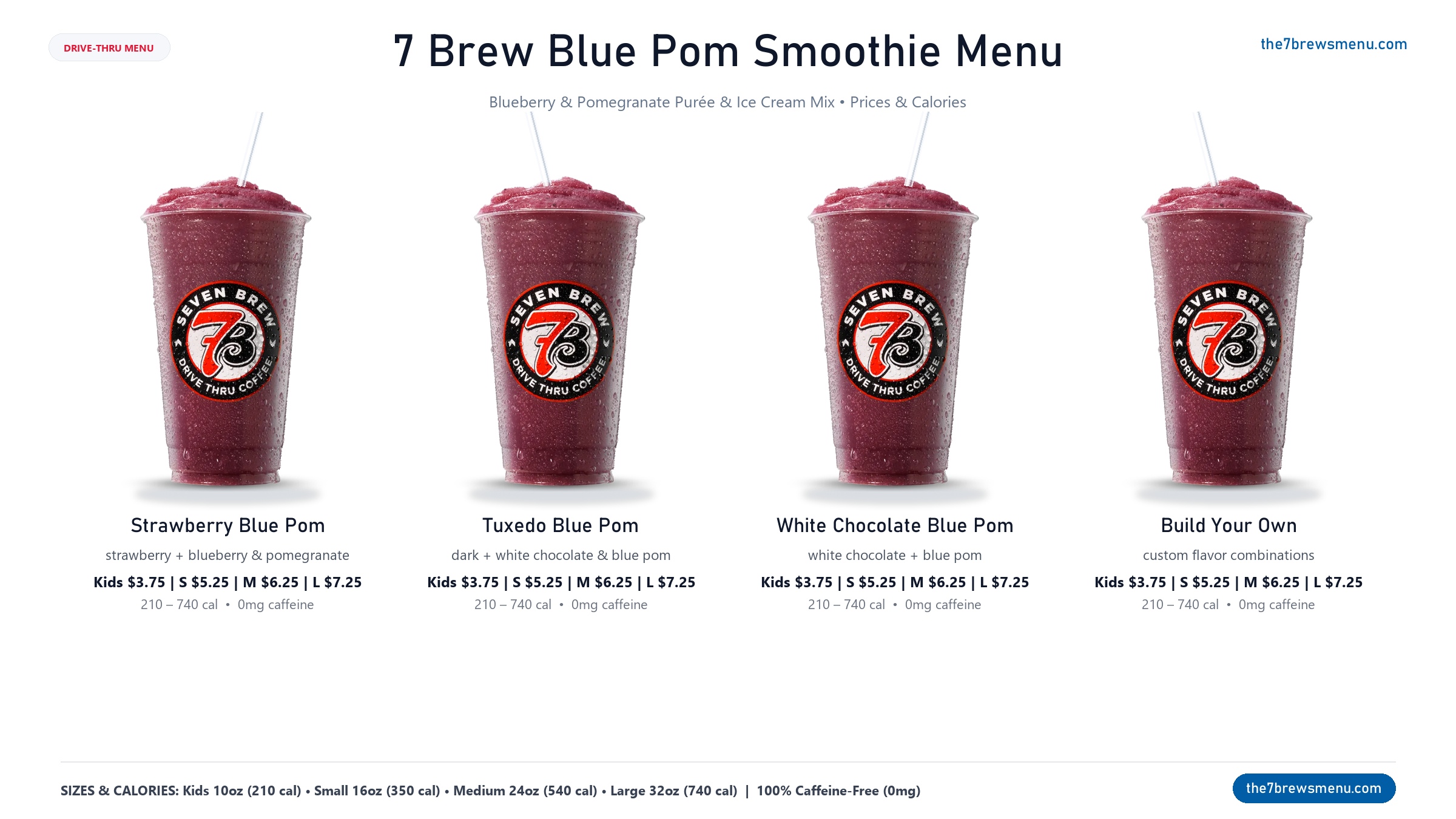 All 4 7 Brew Blue Pom Smoothie drinks displayed on menu card with prices, calories and flavor information