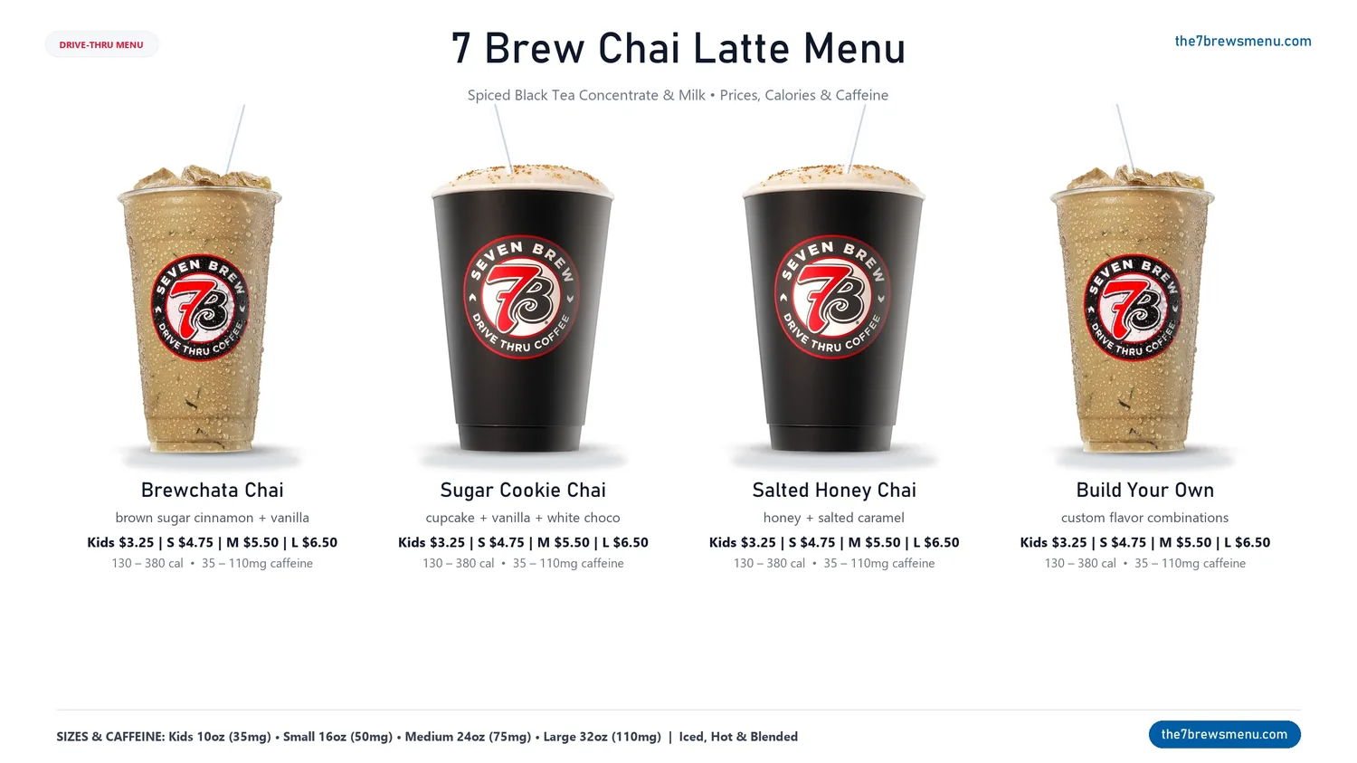 7 Brew Chai Latte menu with prices, calories, caffeine content, and spiced latte flavors
