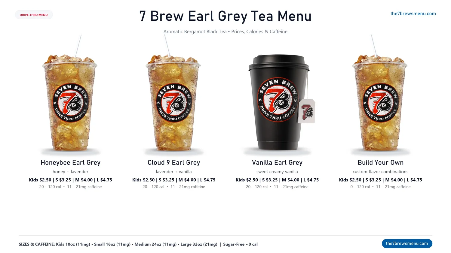 7 Brew Earl Grey Tea menu with London Fog, prices, calories, and caffeine details