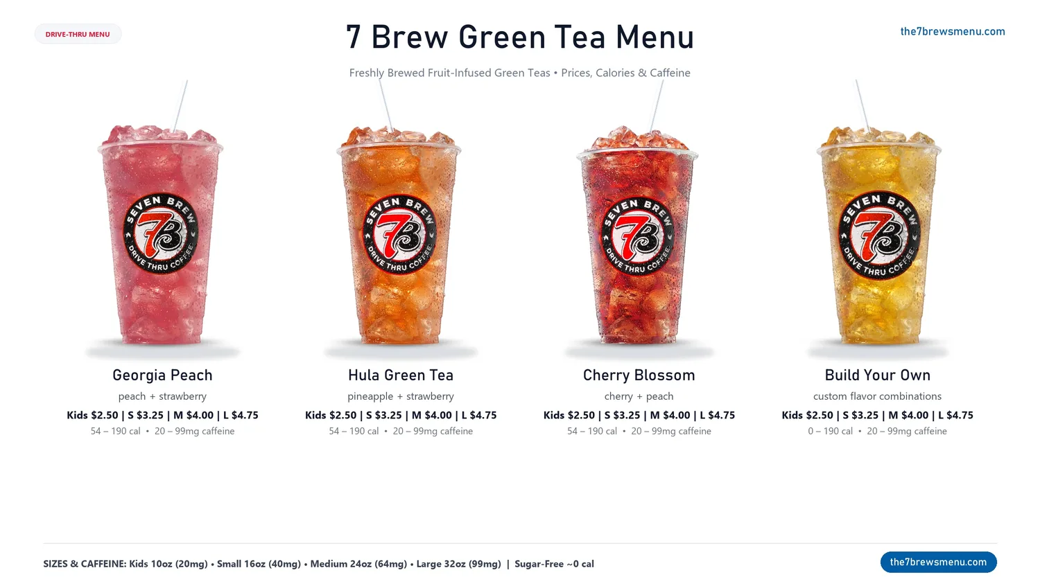 7 Brew Green Tea menu with prices, calories, caffeine, and fruit flavor combinations
