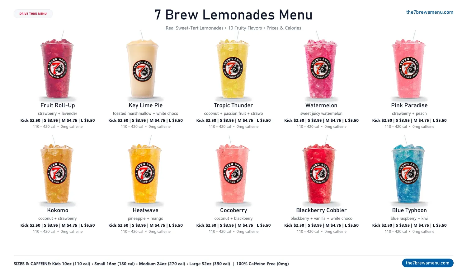 7 Brew Lemonades menu with prices, calories, and all 10 fruity flavors