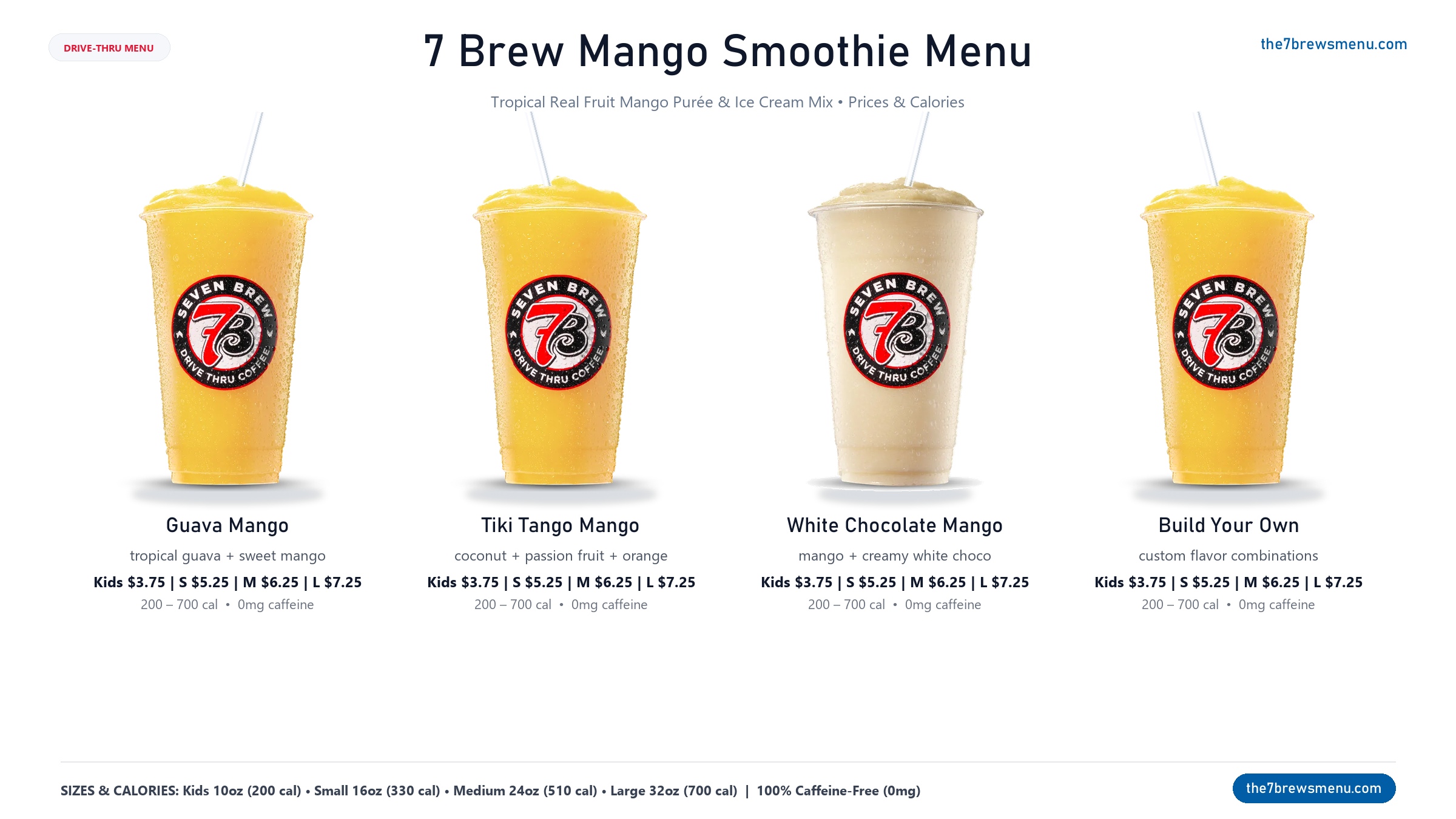 All 4 7 Brew Mango Smoothie drinks displayed on menu card with prices, calories and flavor information