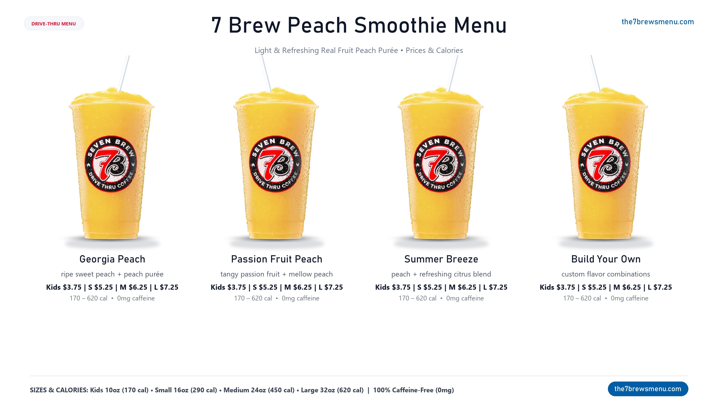 All 4 7 Brew Peach Smoothie drinks displayed on menu card with prices, calories and flavor information