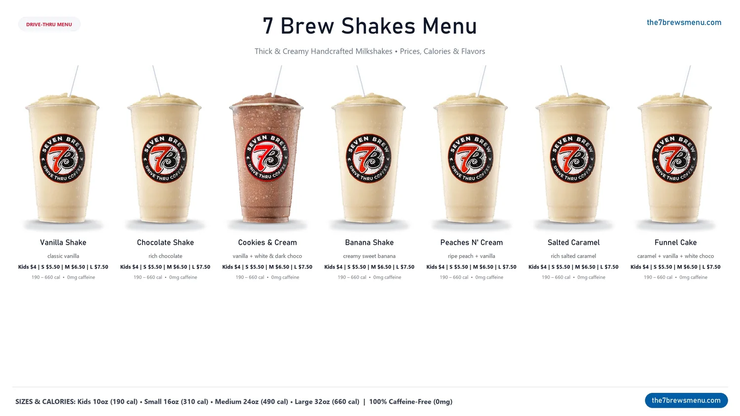 7 Brew Shakes menu with prices, calories, flavors, and thick creamy milkshakes