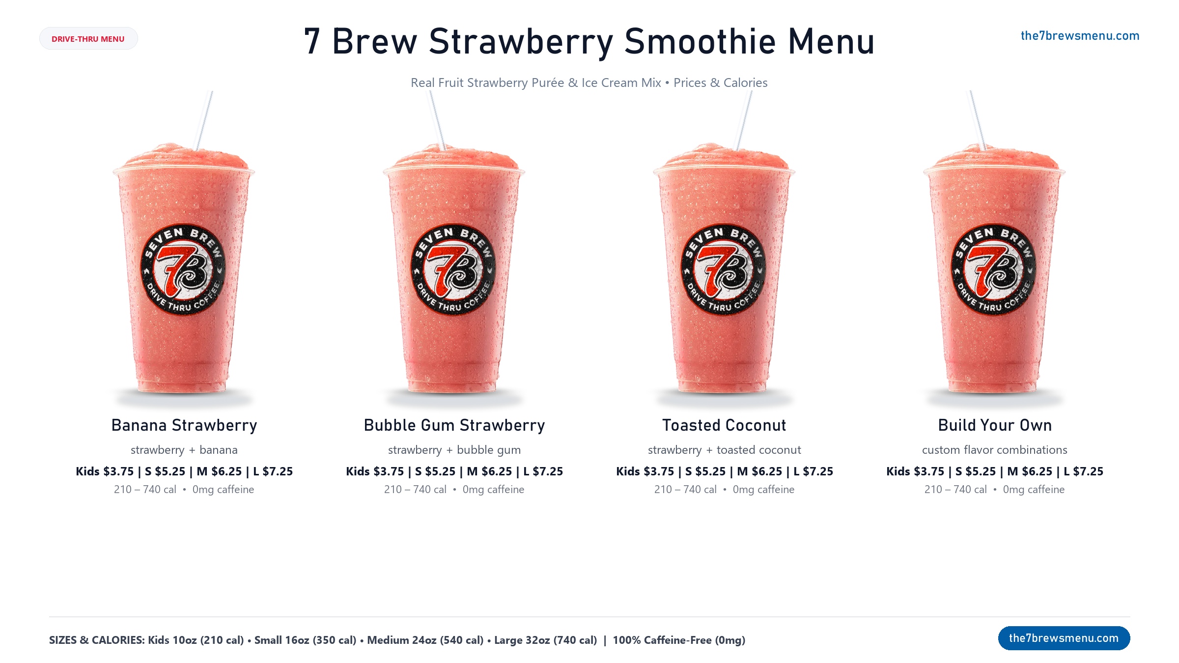 All 4 7 Brew Strawberry Smoothie drinks displayed on menu card with prices, calories and flavor information