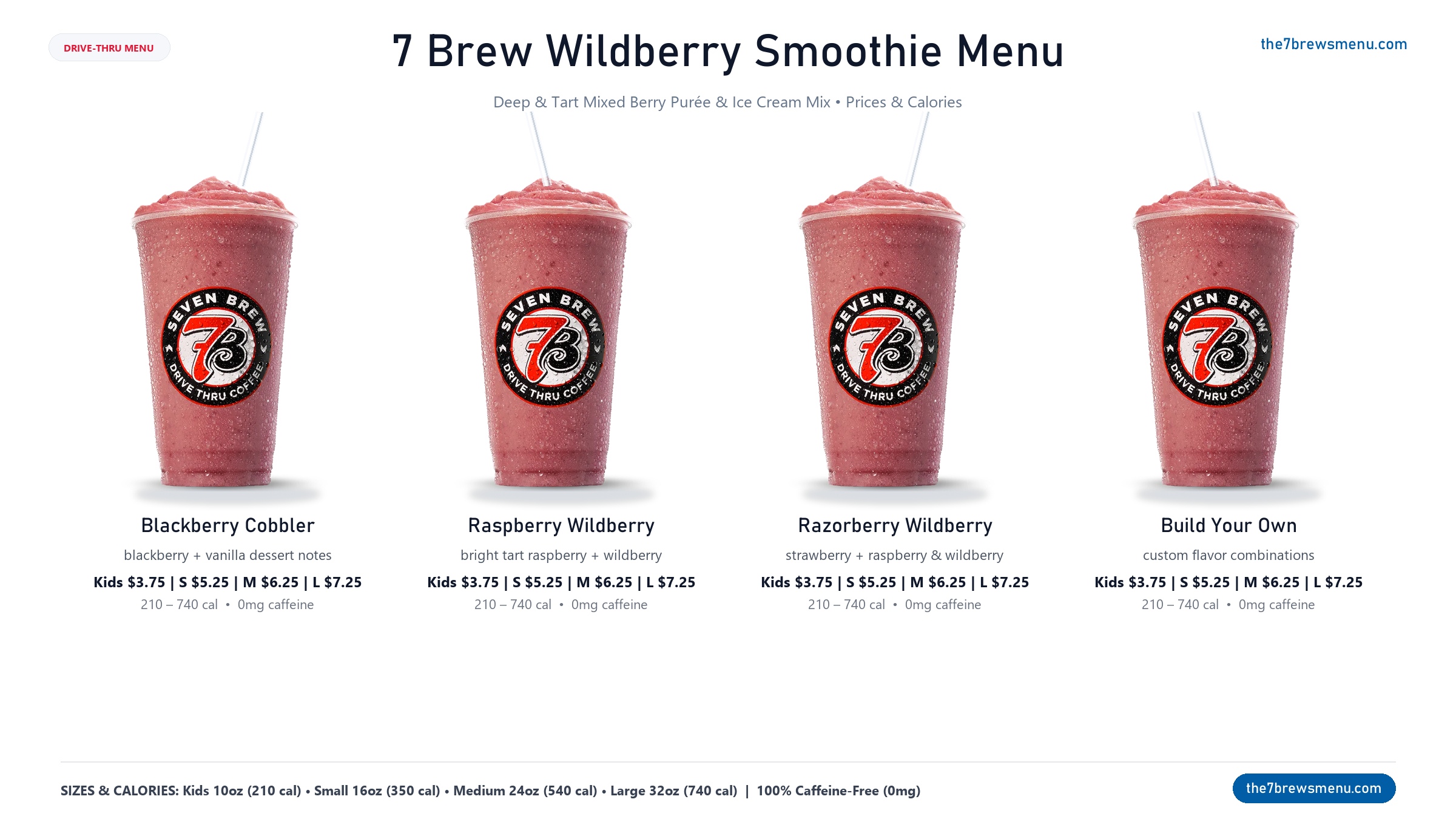 All 4 7 Brew Wildberry Smoothie drinks displayed on menu card with prices, calories and flavor information