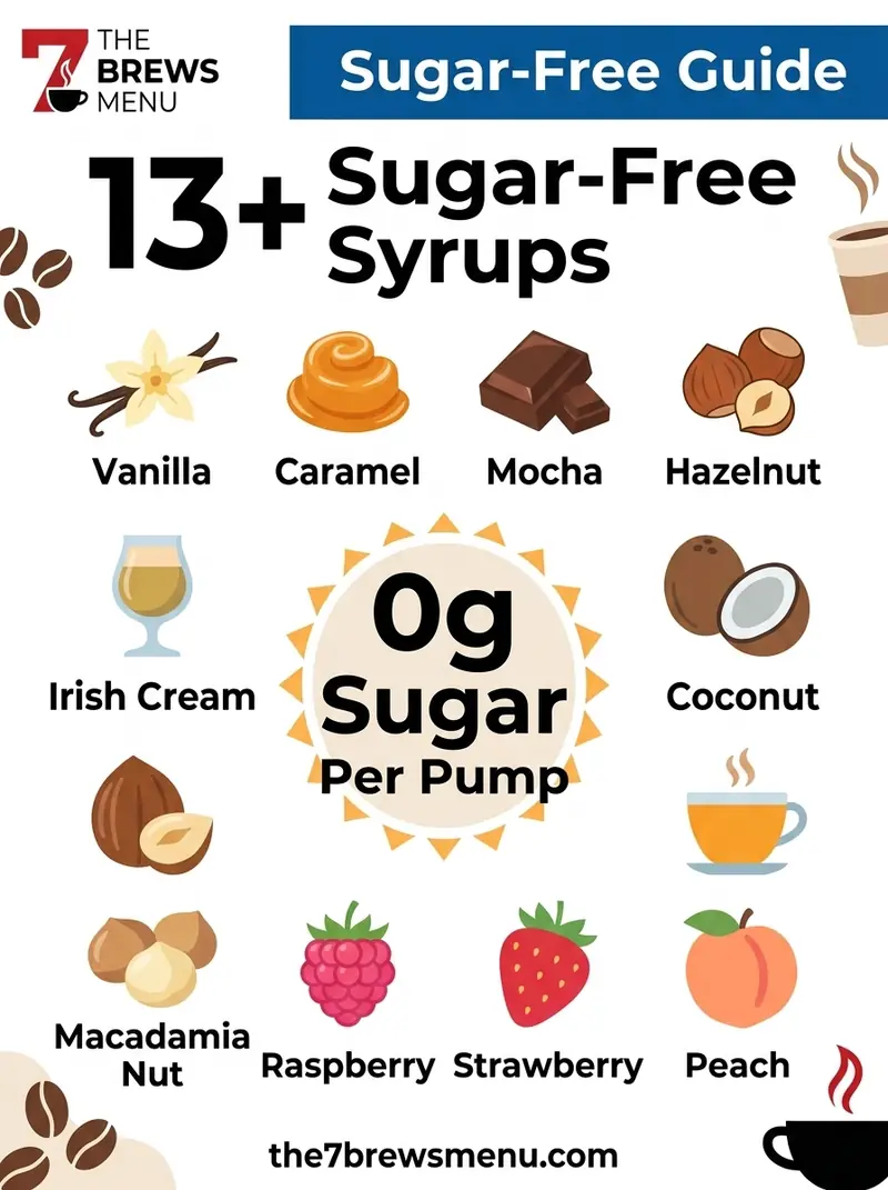 Infographic listing all 13+ sugar-free syrups available at 7 Brew